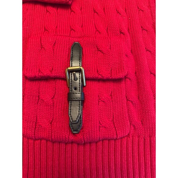 Ralph Lauren Red Cable Knit Cardigan Sweater Buckle Pockets M Equestrian - Picture 2 of 5